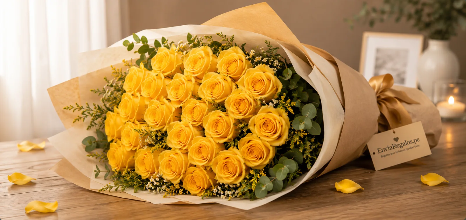 Detalle de flores amarillas listo para regalar