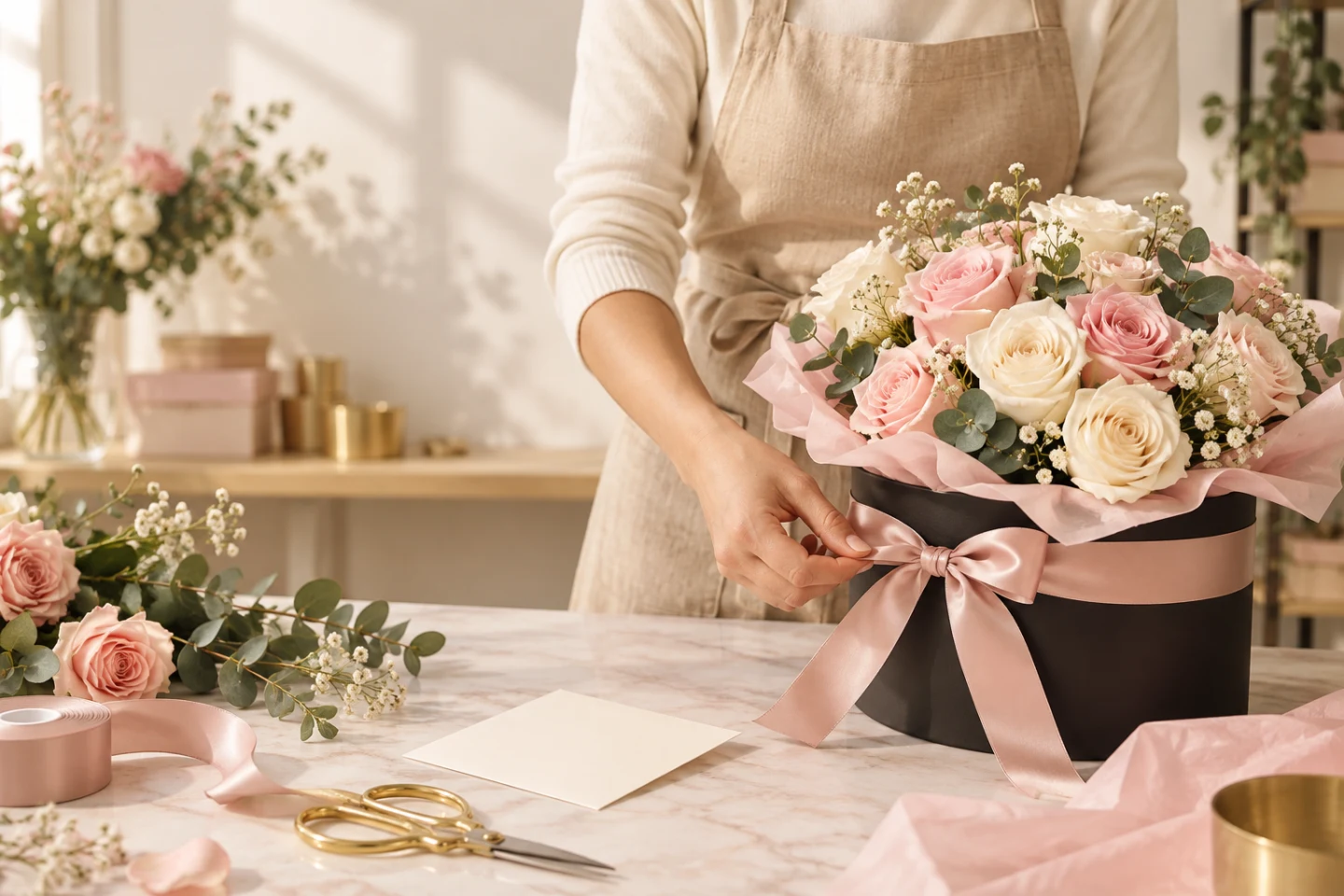 Preparación cuidada de un arreglo floral para regalo