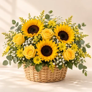 Canasta Jardín Amarillo con girasoles, rosas y margaritas