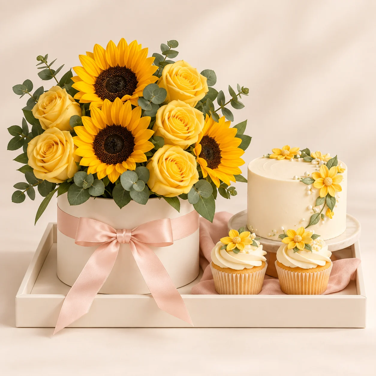 Dulce Primavera con box de girasoles, rosas, mini torta y dos cupcakes