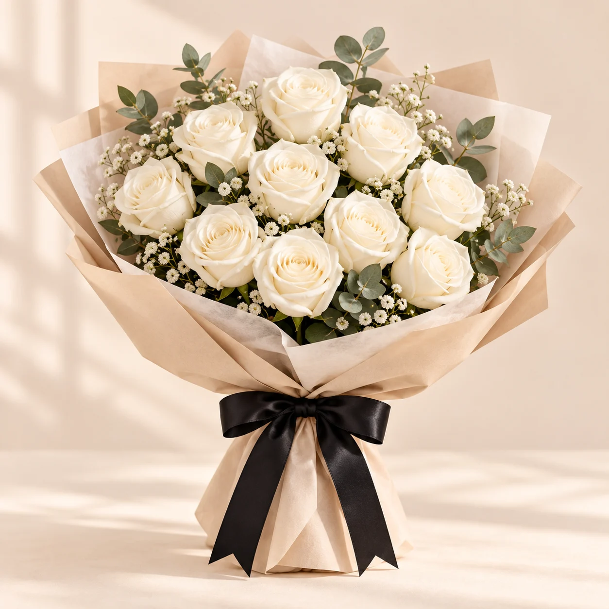 Ramo de doce rosas blancas con gypsophila y eucalipto