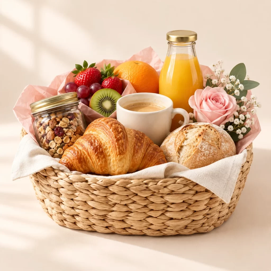 Canasta Desayuno Sorpresa con panes, fruta, jugo y café