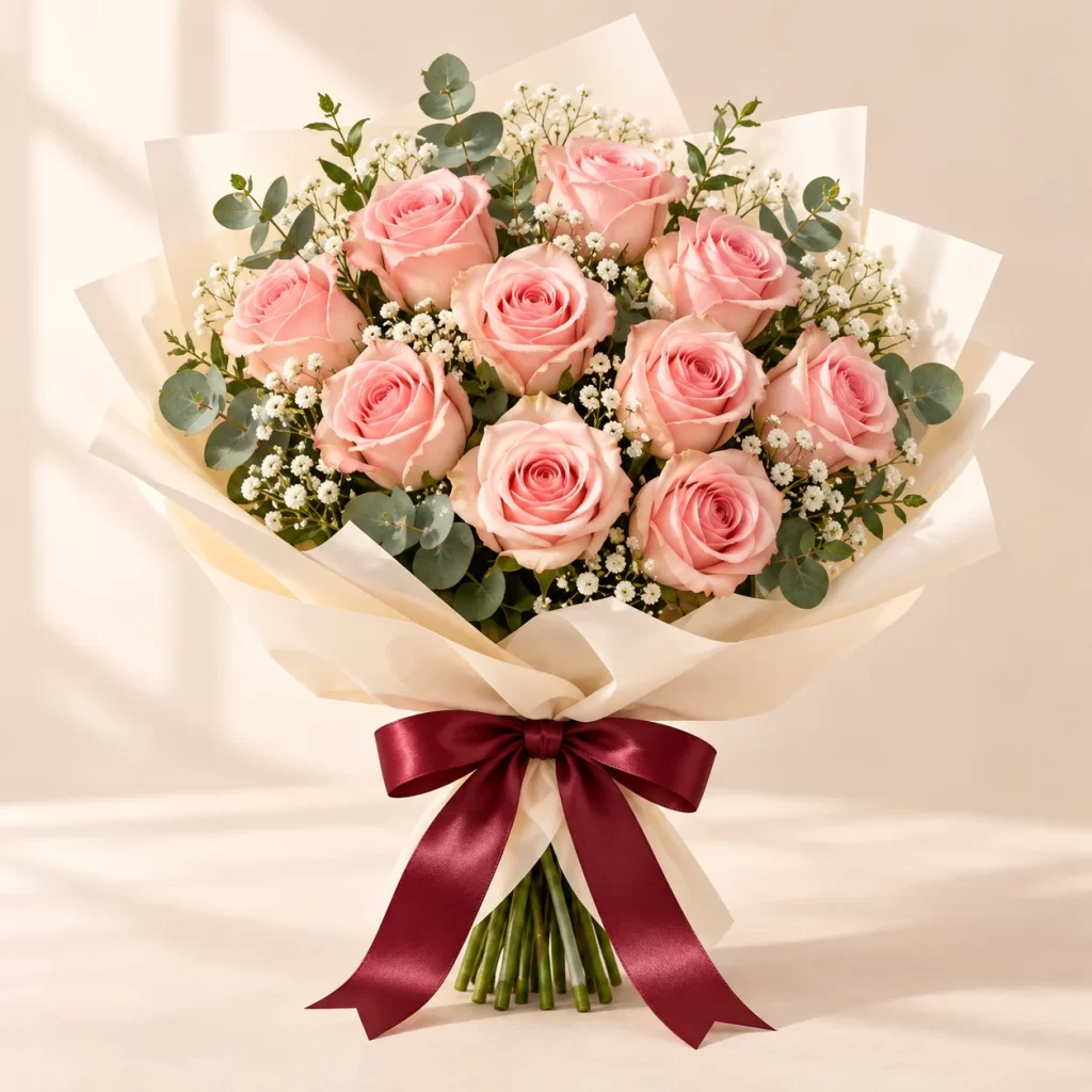 Ramo de doce rosas rosadas con flores blancas y eucalipto